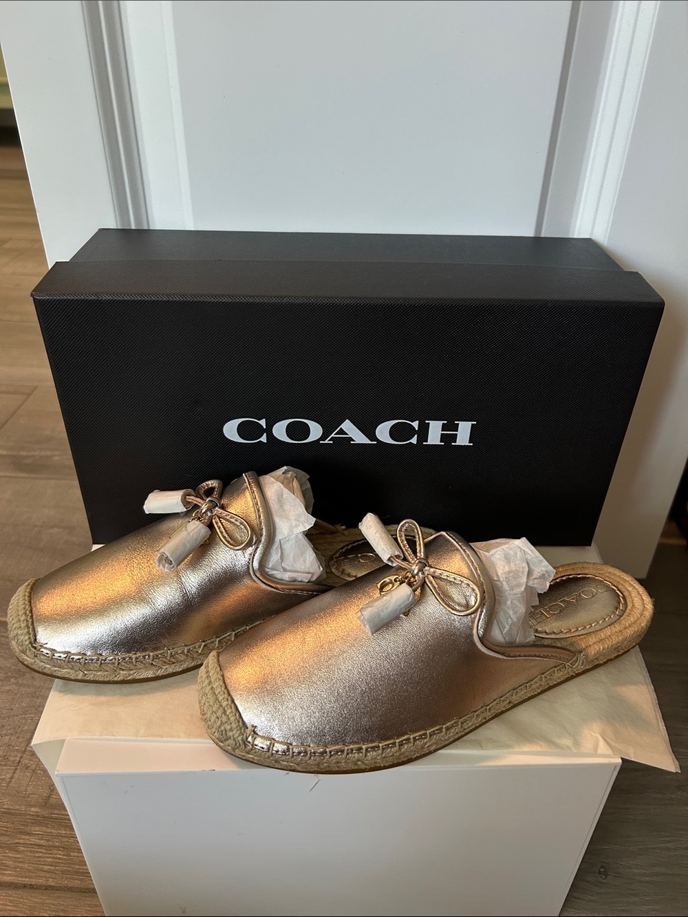 Coach Metallic Gold Espadrille Mule Slides with Bow